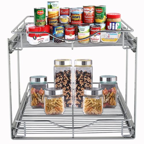 DINDON 2 Tier Pull Out Cabinet Organizer (11"W X 21"D), Double Tier Wire Basket Slide Out Shelf Storage for Kitchen Base Cabinet Organization for Kitchen, Pantry, Bathroom, Chrome