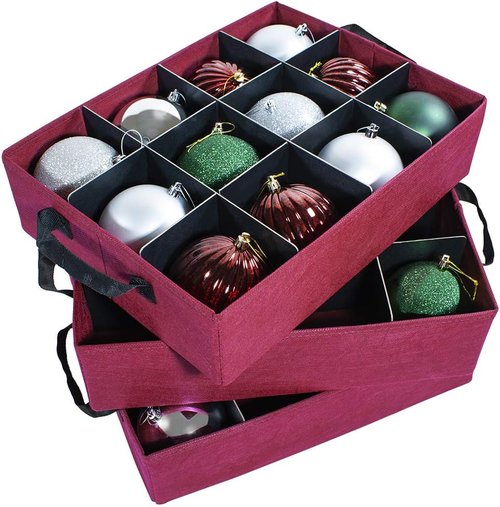 612 Vermont Christmas Ornament Storage Box - Adjustable Acid-Free Dividers, 3 Removable Trays | 17" x 13" x 13", Holds 36-4" Ornaments