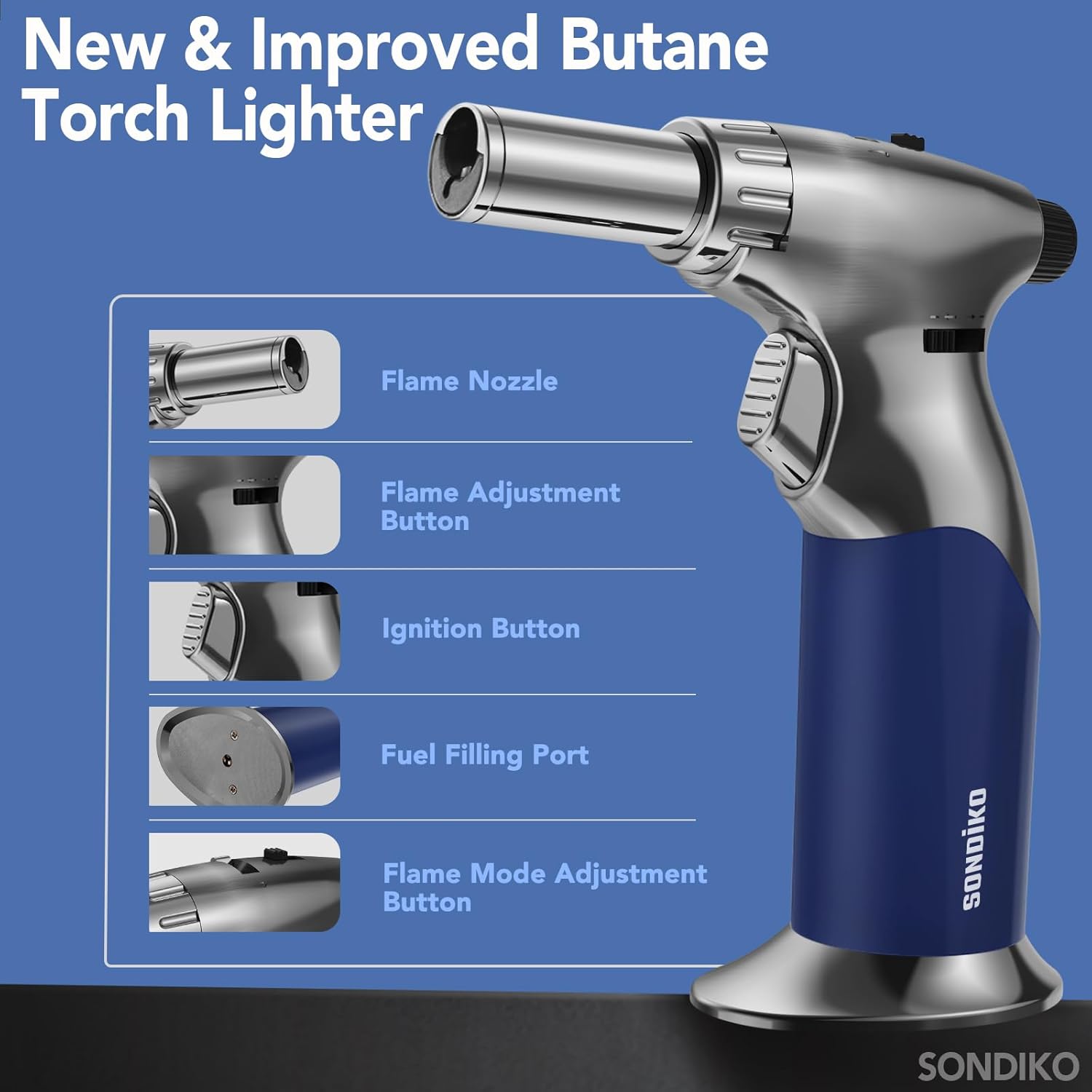 Sondiko Dual Adjustable Flame Butane Torch Lighter - Mini Refillable Kitchen Torch with Continuous Flame Lock for Crème Brûlée and Cooking