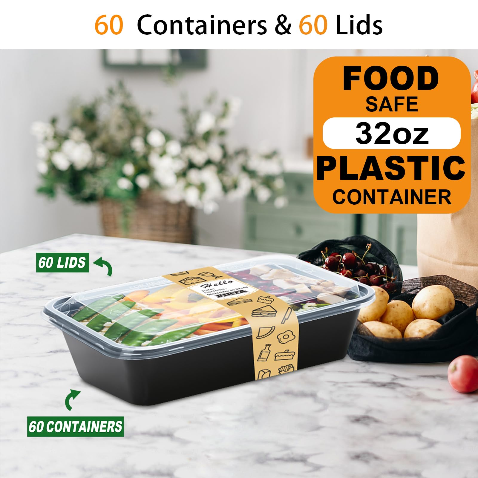 PIRTA 60 Pack 32 oz Meal Prep Containers Reusable with Lids, Food Safe, Leakproof, Microwave, Freezer, Dishwasher, To-Go Take Out, Plastic Food Storage Bento Lunch Box