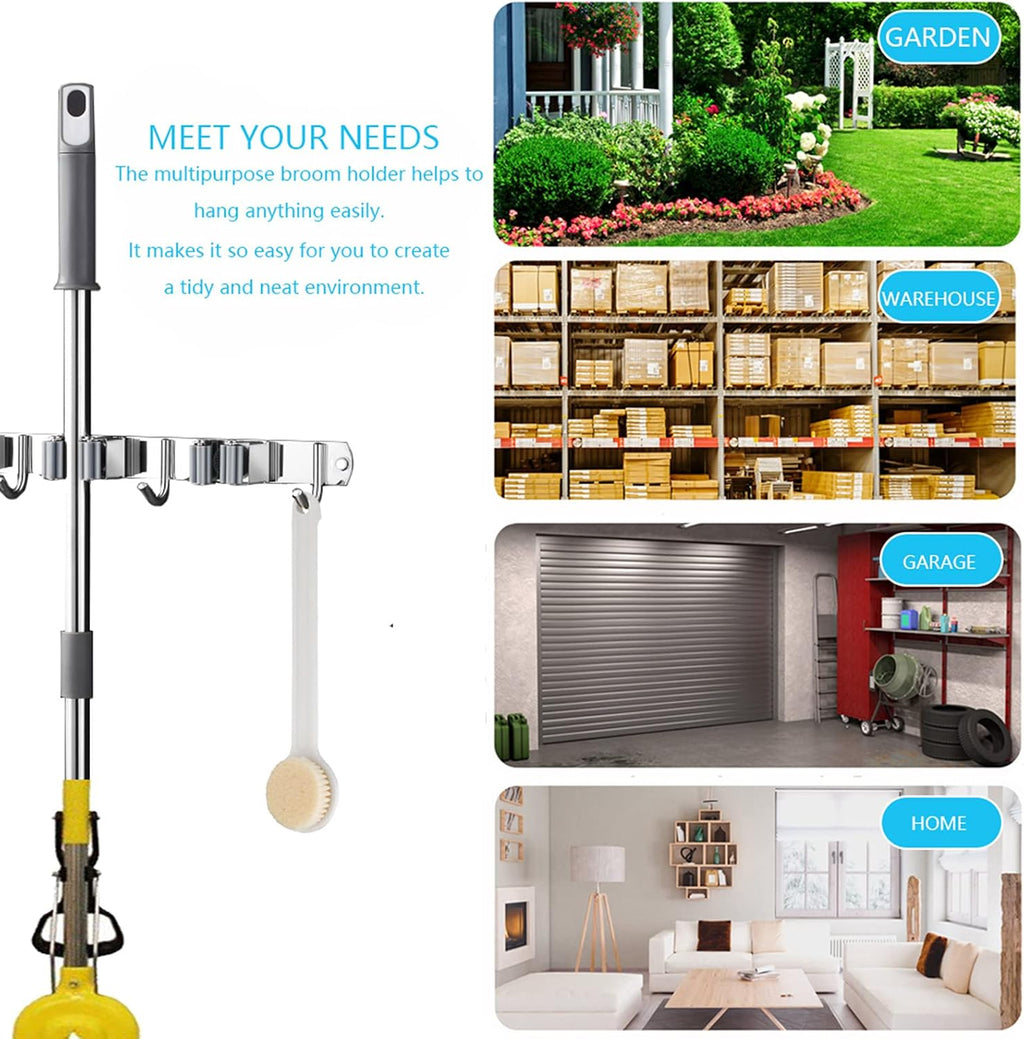 Skiennix Broom and Mop Holder - Wall Mounted Storage Rack with 2 Racks & 3 Hooks - Heavy Duty Stainless Steel