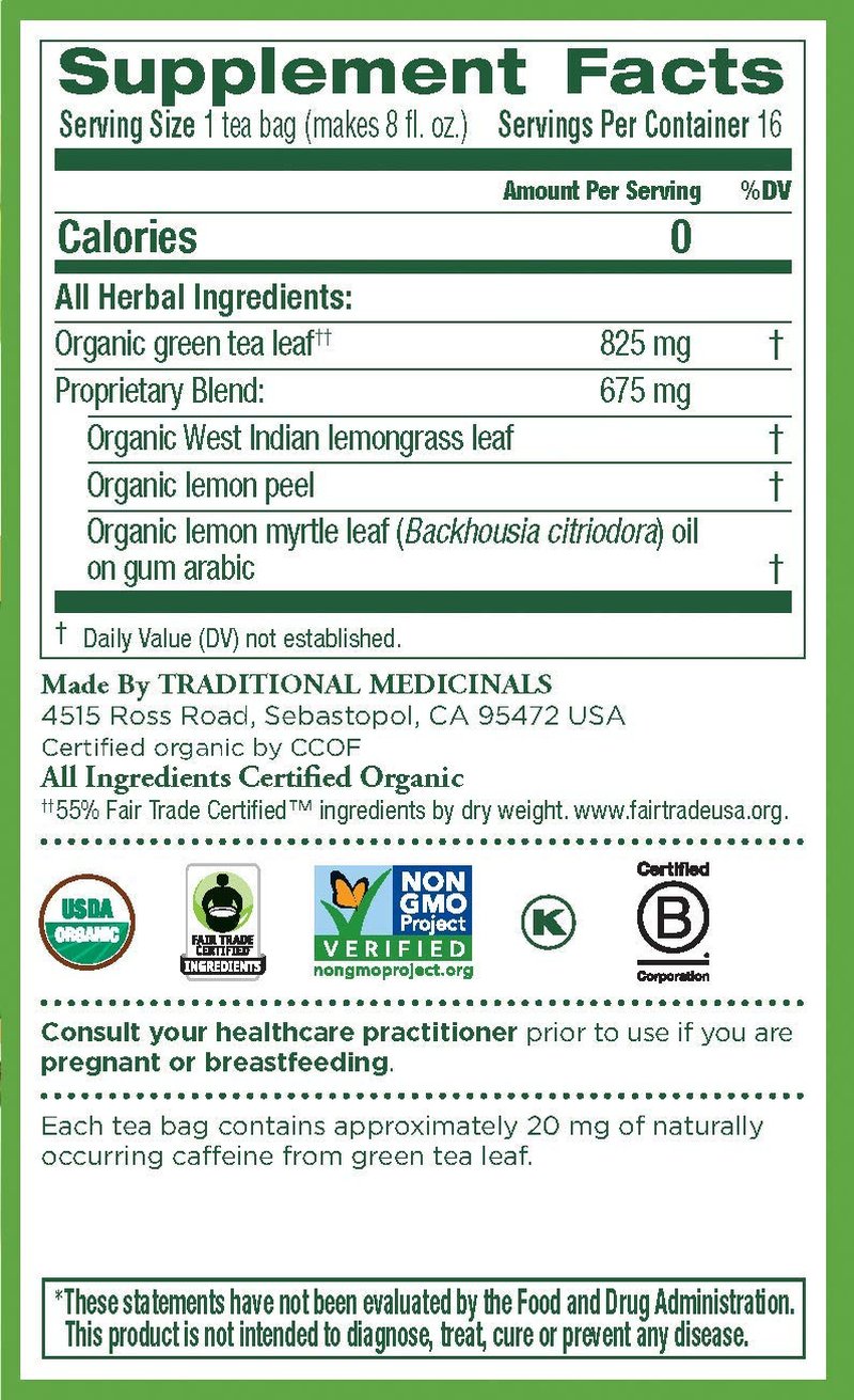Traditional Medicinals Organic Green Tea Lemongrass Herbal Tea, Health Support, (Pack of 2) - 32 Tea Bags Total