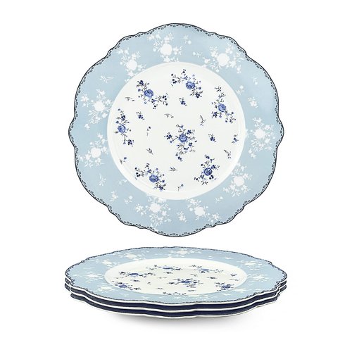 fanquare 10 Inch Porcelain Dinner Plates Set of 4, Lace Dishes Set for Salad, Pasta, Soup, Dessert, Blue Roses