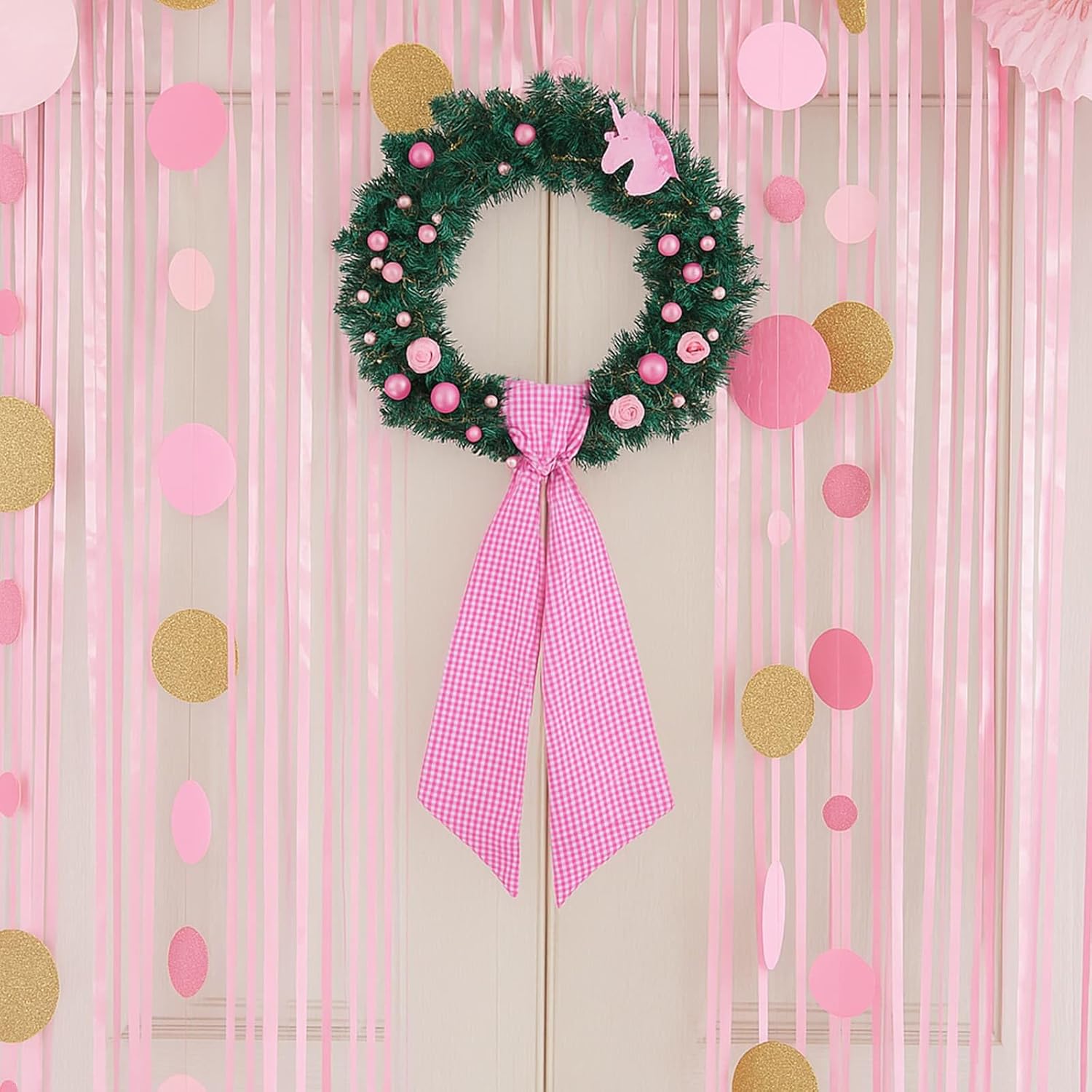 Regine Switzerland Pink White Gingham Wreath Sash - 5.12" Wide x 54.33" for Baby Shower & Spring Decor