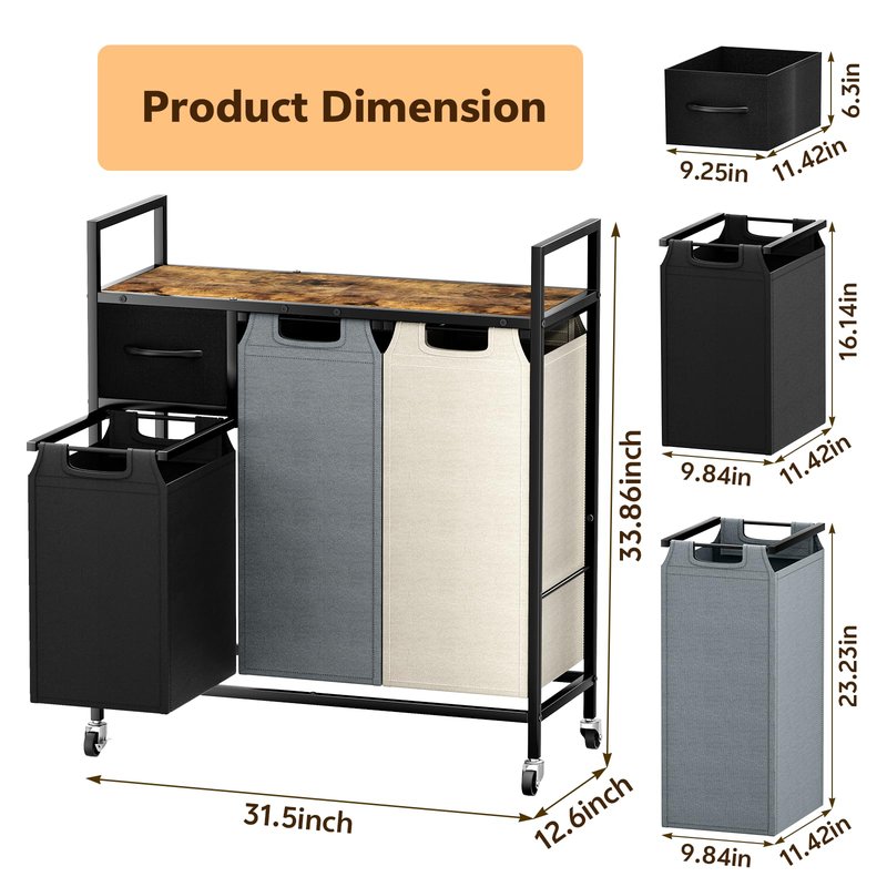 Laundry Hamper - Laundry sorter 3 Section 145L - Laundry Room Organization with 4 Pull-Out Drawers, Removable Oxford Bags, Lockable Wheels & Sturdy Shelf for Laundry Room, Bathroom, Bedroom
