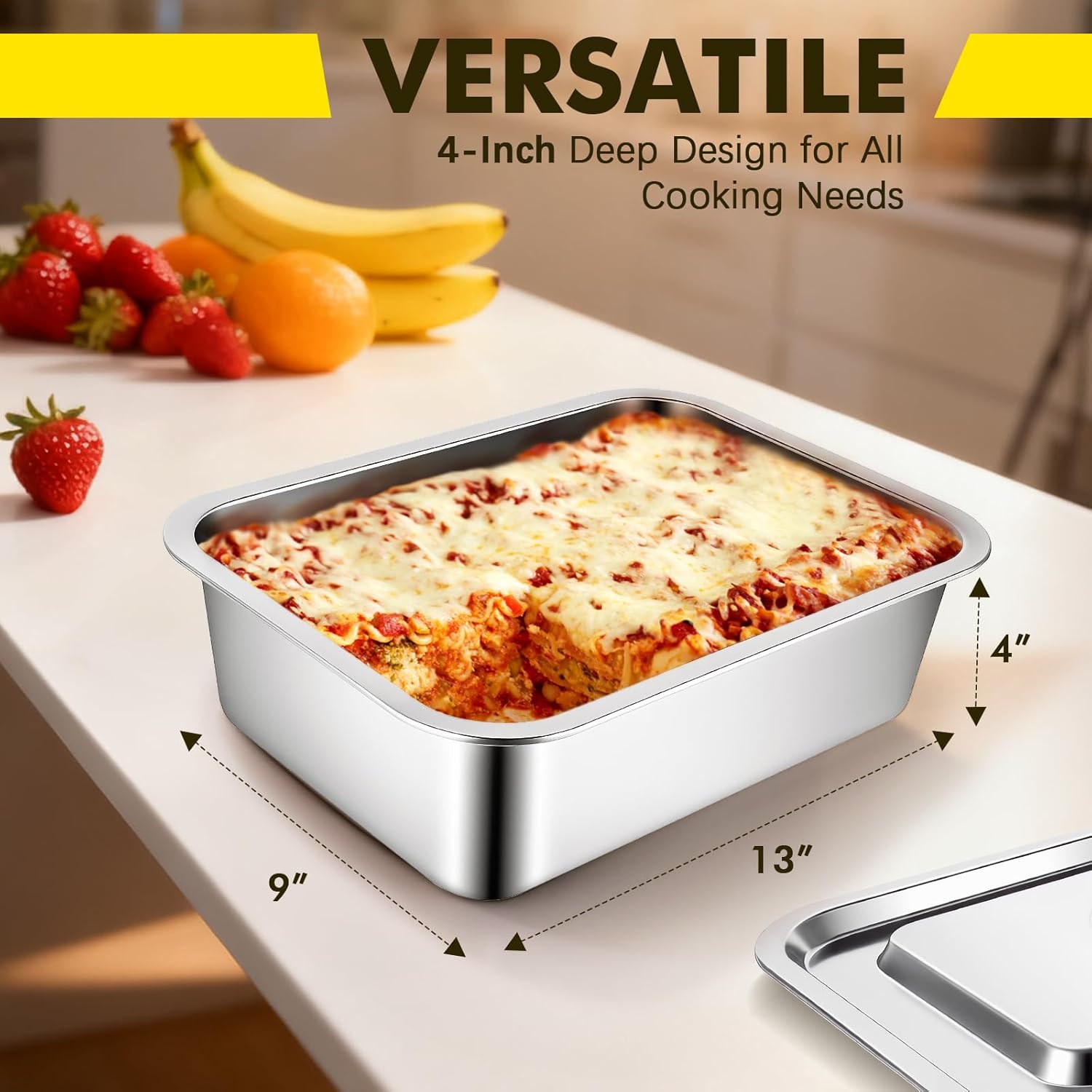 Stainless Steel 9x13 Baking Pan with Lid - 7.6Qt Extra Deep Lasagna Dish | Oven Safe Casserole