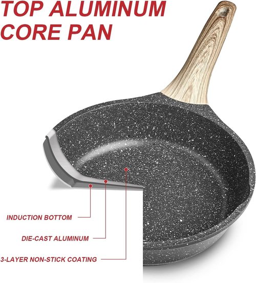 Caannasweis Nonstick Granite Frying Pan Skillet, Non Stick Omelette Fry Pans, Omelet Egg Pan, Stone Cookware Chef's Pan, Induction Compatible, PFOA Free (Gray, 9.5 Inch with Lid)