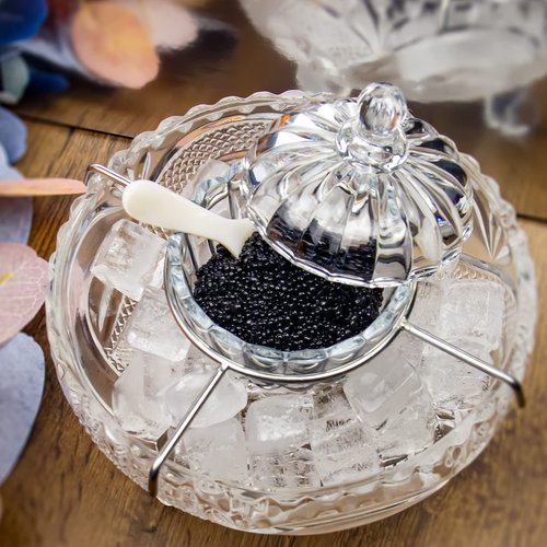 DUEBEL Caviar Serving Set, 1 Glass Divided Serving Bowl Set Plus 2 pcs. x Mother of Pearl Caviar Spoon –Caviar Dish Serving Set, Shrimp Chiller for Kitchen, Restaurant, Catering Events