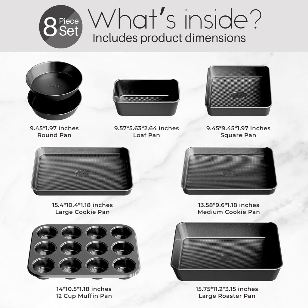 Skiennix Nonstick Baking Pans Set - 8-Piece Stackable Bakeware Set | Non-Toxic Oven Pans in Black