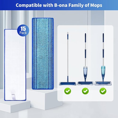 Bona Microfiber Mop Pads - 15-Pack Washable Reusable Refills for Hardwood, Tile & Multi-Surface Floors | Pet Hair & Stain Remover