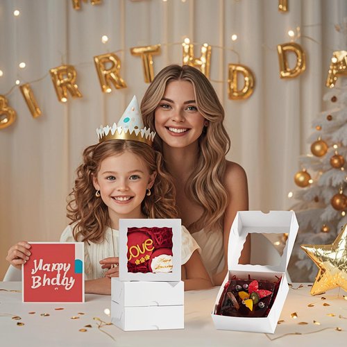 RomanticBaking 51PCS 5x5x2 Inch Bakery Boxes,Cookie Boxes with Window, Pastry Boxes for Macaroon Dessert Cupcake Donut Pastry Muffins