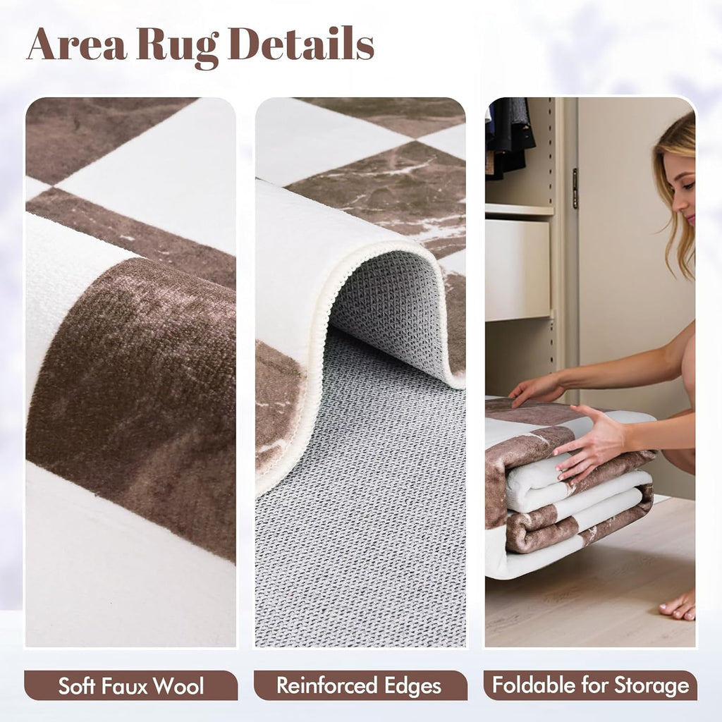 Yinhua Checkered Rug - Washable Brown and White Area Rug | Soft Non-Slip 2x3 Entryway Mat