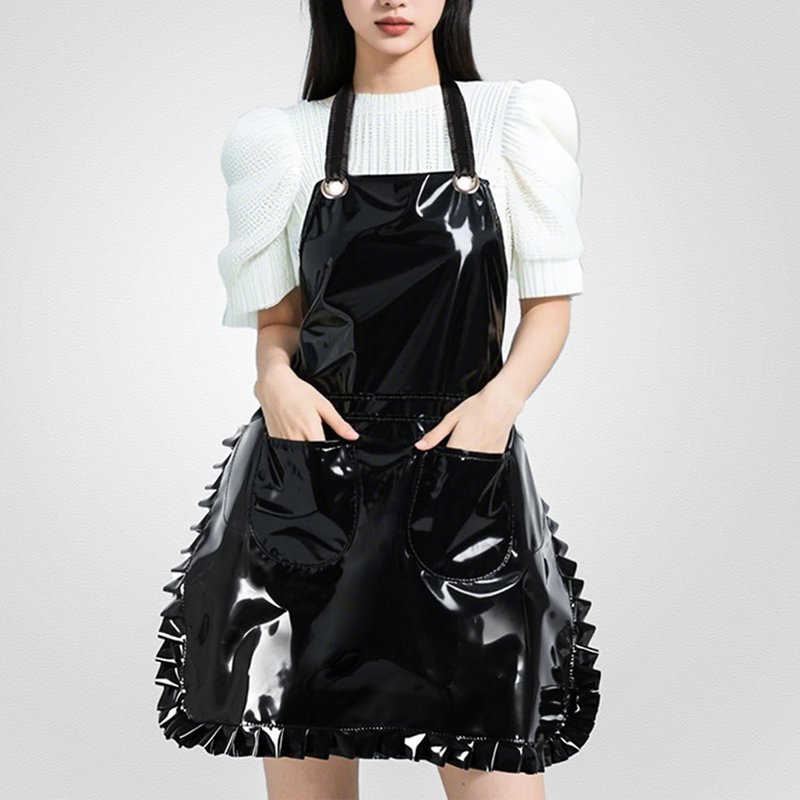 MIKI WELL Glossy Cute Ruffled Apron, Lace-Up Model with Two Pockets, Vinyl Apron for Artists and Barbers, Waterproof (Black)