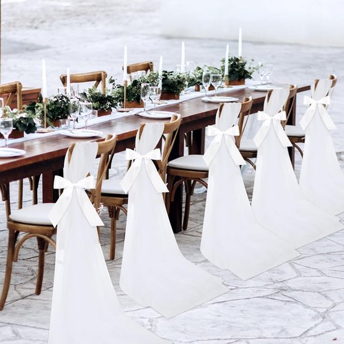 HunnmingRe 24 Sets Wedding Aisle Chair Decor - White Chair Sashes with Ribbons & Tulle for Ceremonies