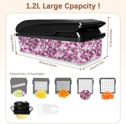 LHS Professional Vegetable Chopper - 7-in-1 Food Chopper with Storage Containers & Mandoline Slicer | Black