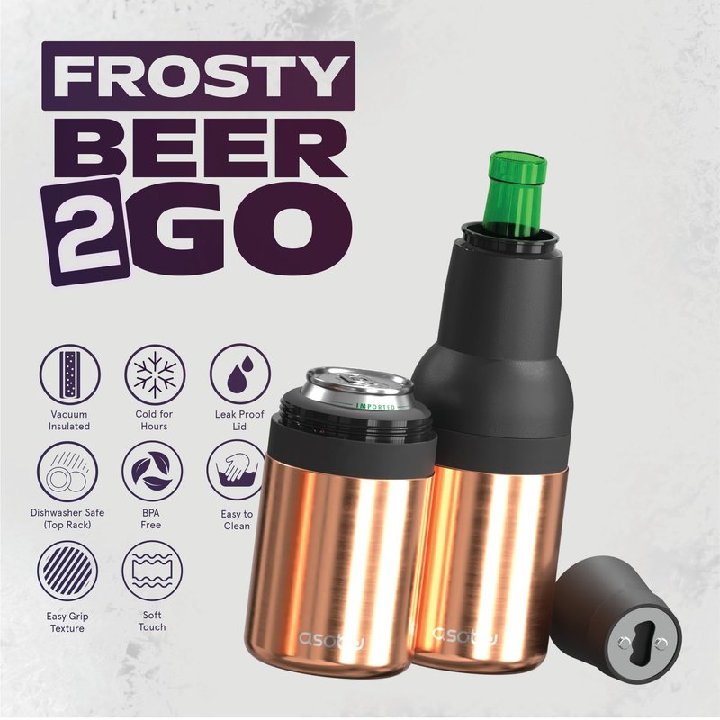 Asobu Frosty Beer Holder 2 Go Vacuum Insulated Double Walled Stainless Steel Beer Can and Bottle Cooler with Beer Opener, Bpa Free, Fits Standard 12oz Bottles & Cans, Gift for Beer Lovers