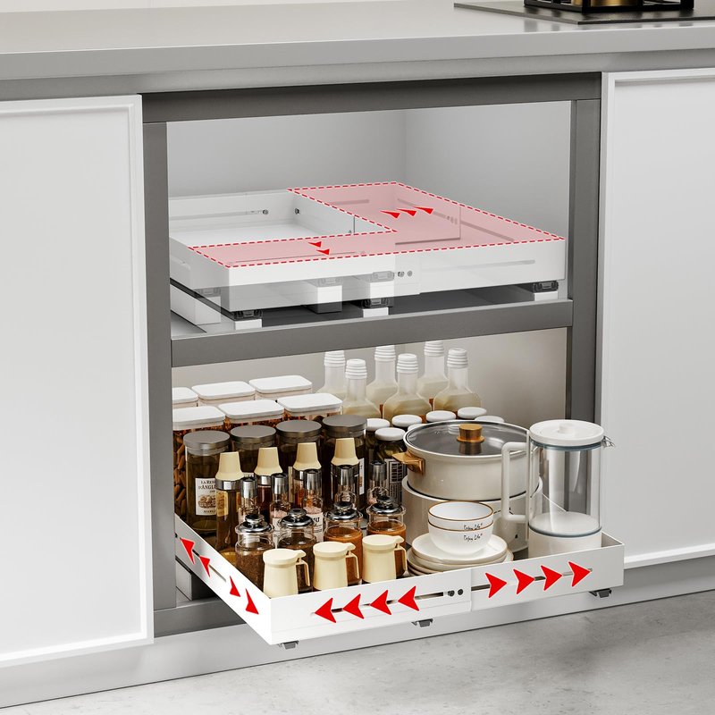 AmzAge Pull Out Cabinet Organizer With Raising Pad for Framed Cabinets,Adjustable Depth(12.8"-17.5") And Width(14.8"-20.5"),Slide Out Drawers,No Drill Design,Heavy Duty Storing,White