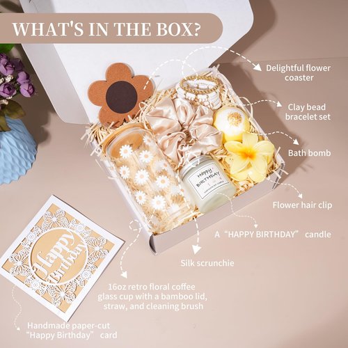 Ndahjahd Birthday Gifts for Teen Girls Women,Teenage Girls Basket Gift Sets for Teen Girls,Happy Birthday Box for Teenage Daisy Glass Cup Set for Girls Friend, Daughter, Niece, Granddaughter
