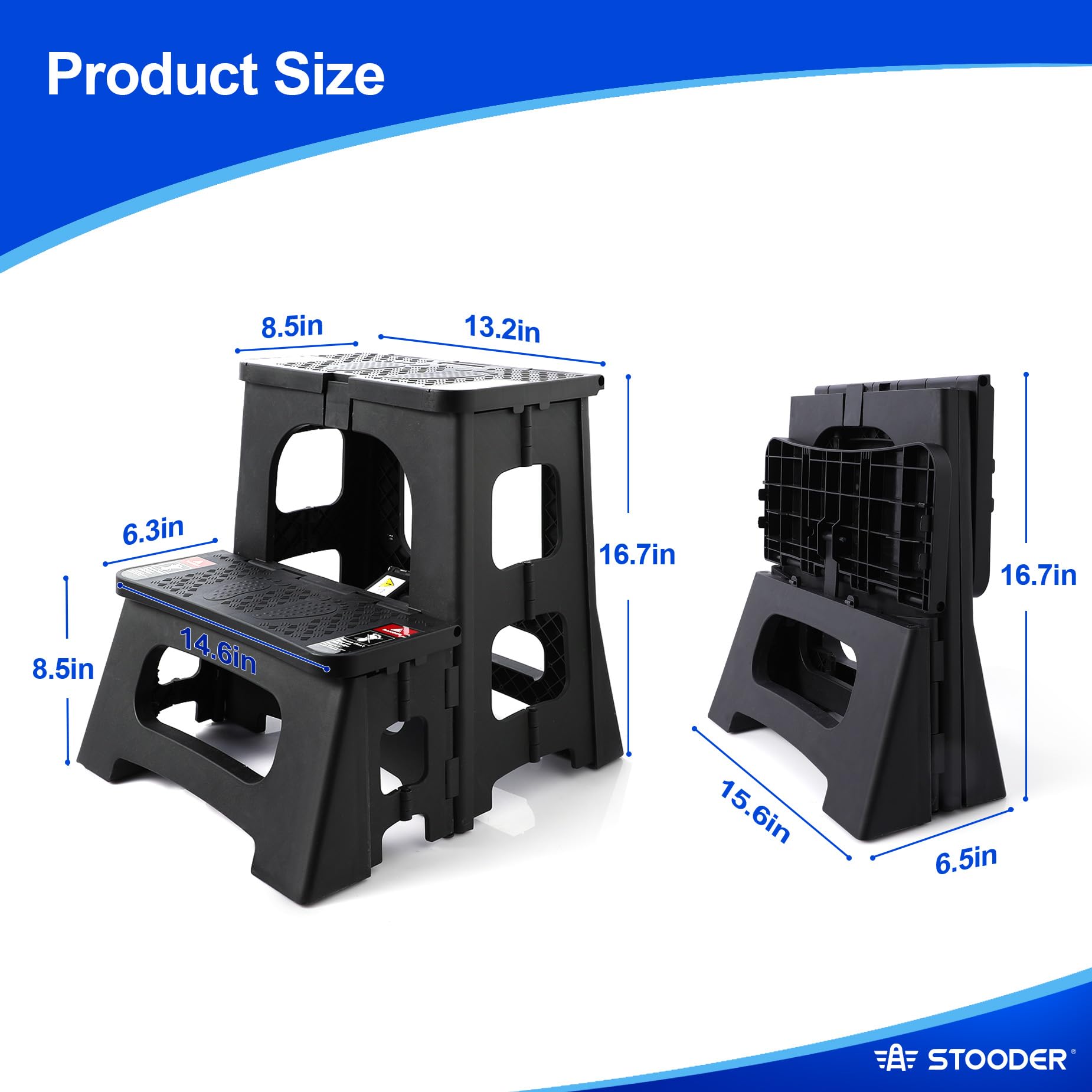 STOODER Folding 2-Step Stool - Upgraded Stable A-Frame, Safety Lock, Anti-Slip Rubber Feet, 300lb Capacity, No Assembly - 8" 17" Step Stools for Kitchen, Bathroom, Bed, RV, Home, Office (Black)
