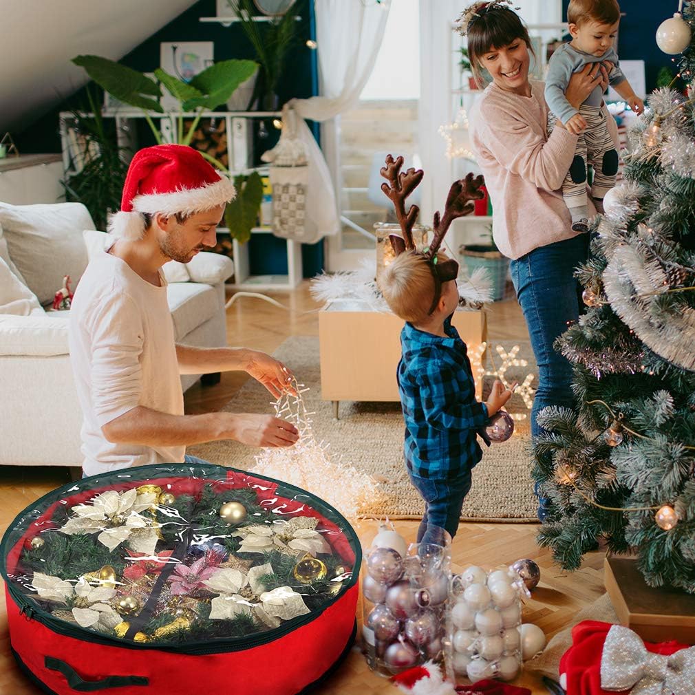 Primode Christmas Wreath Storage Bag - Extra Large 48" Container with Clear Window | Durable 600D Oxford Material | Red