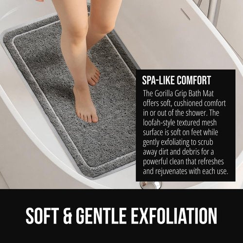 GORILLA GRIP Exfoliating Bath Mat - Soft Loofah-Style Scrubber with Textured Backing, 24x16, Gray