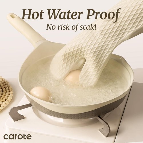 CAROTE Extra Long Oven Mitts - Heat Resistant Non-Slip Silicone Gloves for Baking & Grilling | 2-Piece Set, Beige