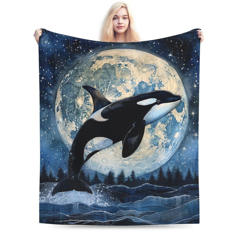 Orca Whale Blanket Killer Whale Moon Decor Throw Blankets Ultra Soft Cozy Fuzzy Plush Fleece Flannel Ocean Life Blanket Gifts for Whale Lover Girls Women Boys Men Kids for Bedding Sofa 40"X50"