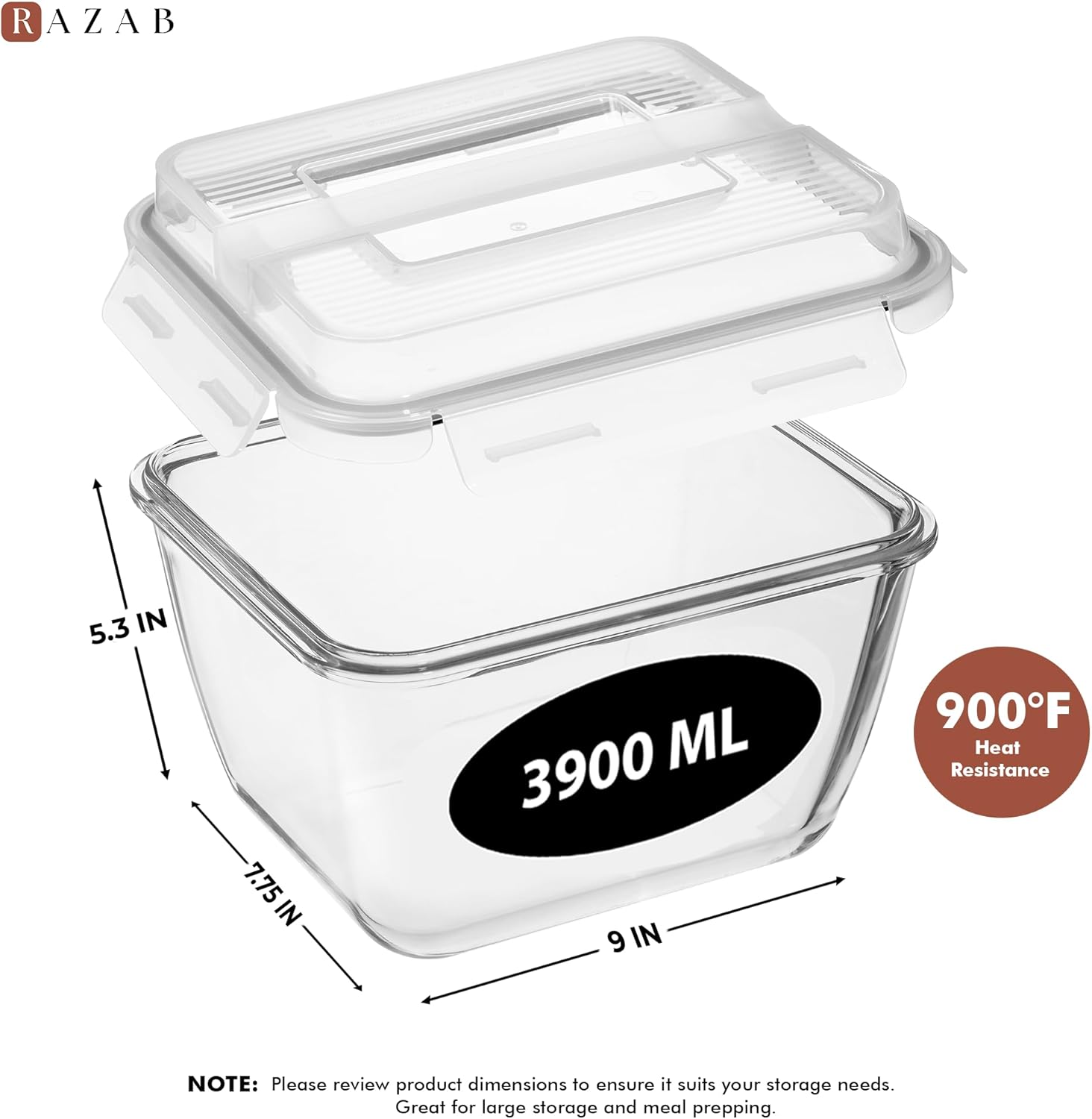 Razab Large Glass Food Storage Containers - 17 Cups | 132 Oz | Leakproof & BPA-Free for Meal Prep