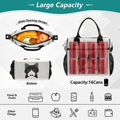 Boccsty Cat Tuxedo Kitty Kids Reusable Lunch Box Boys Girls Insulated Lunch Bag Women Men Cooler Tote Bag Organizer Meal Prep for School Office Picnic M