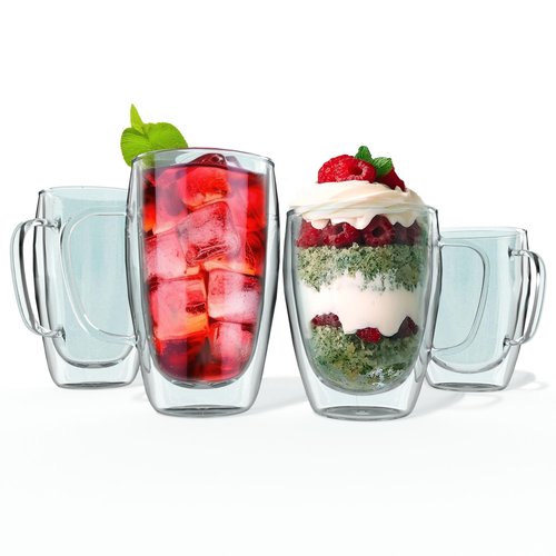 Kitchables Double Wall Glass Coffee Mugs Bundle Set of 2, 15oz and Set of 2, 12oz with Handle Insulated Glass coffee Mug Clear coffee Mugs