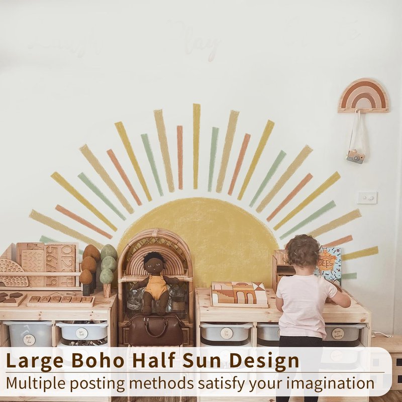 astrkiz Large Boho Half Sun Wall Decals Peel and Stick, Watercolor Pastel Sun Decal Sunrise Wall Murals Stickers, Sunshine Wall Stickers for Kids Room Playroom Nursery Bedroom, 48.07" x 24.82"