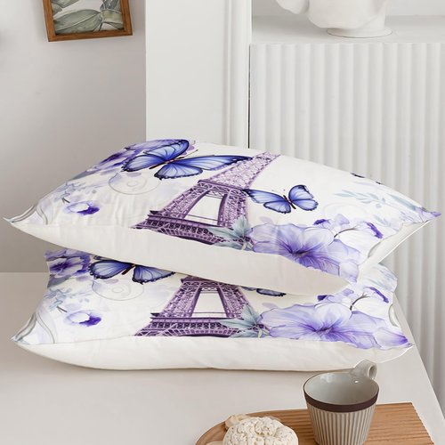 OUIXOTIC Purple Paris Eiffel Tower City Bedding Set for Girls Kids Women Couple Bedroom, Butterfly Quilt Queen Size Comforter for Audlt, 3Pcs Flower Comforter Set with1 Comforter and 2 Pillow Cases