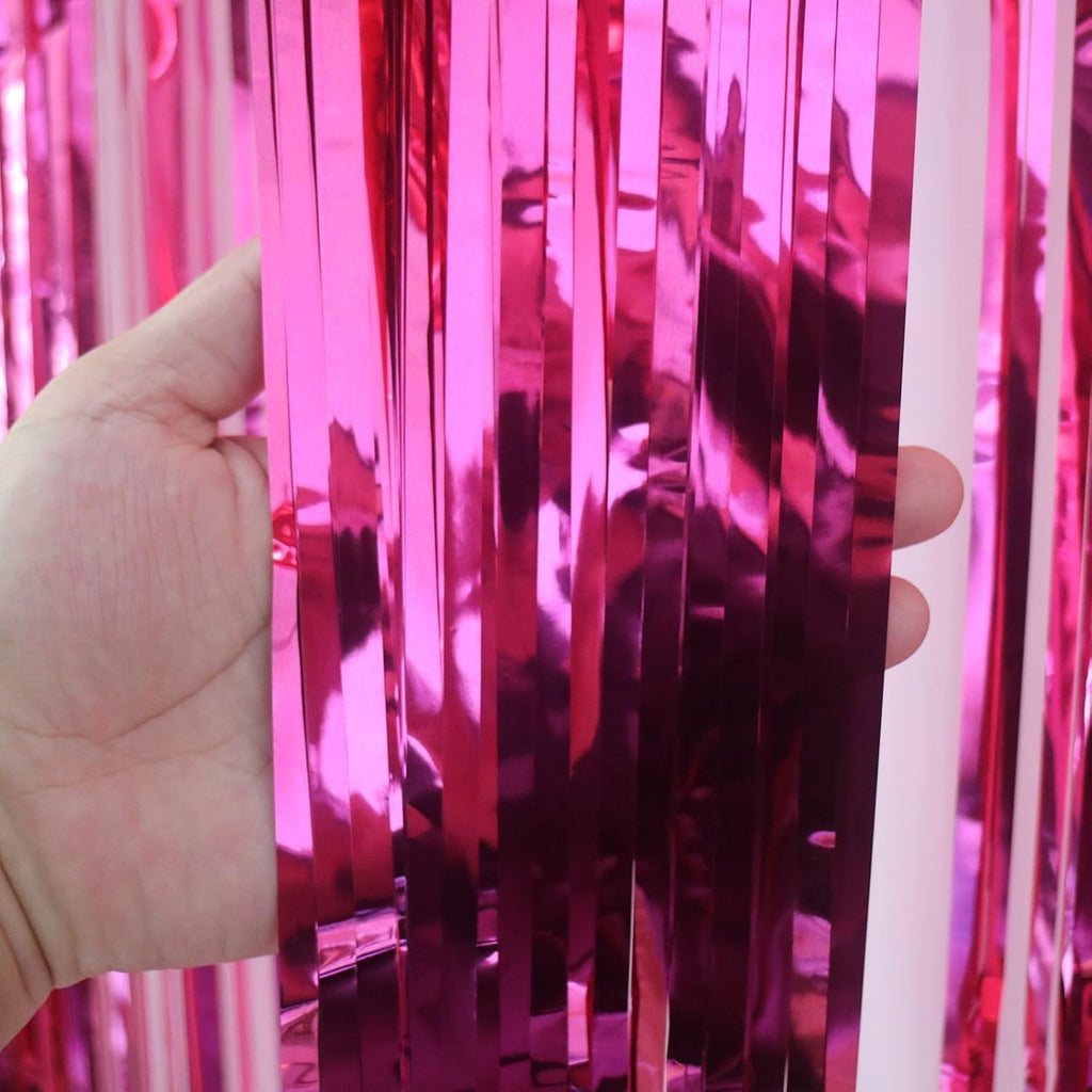 Valentines Day Party Decorations | Hot Pink Foil Fringe Curtains - 3 Pack, 3.2x8.2ft Backdrop