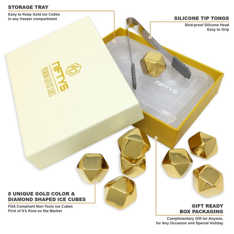 Whiskey Stones Gold Edition Gift Set of 8 Stainless Steel Diamond Shaped Metal Ice Cubes, Reusable Chilling Rocks Including Silicone Tip Tongs and Storage Tray