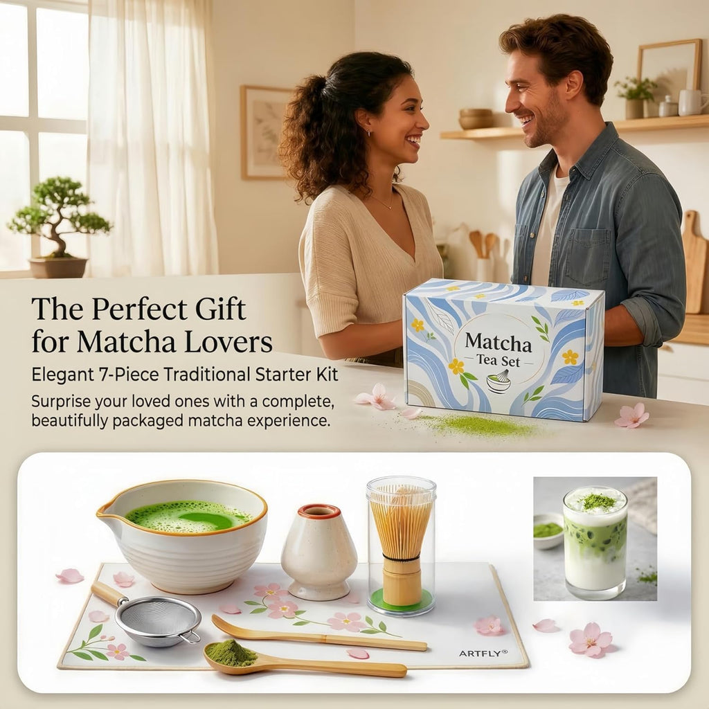 Skiennix 7-Piece Japanese Matcha Set - Complete Kit with Ceramic Bowl, Bamboo Whisk & Accessories