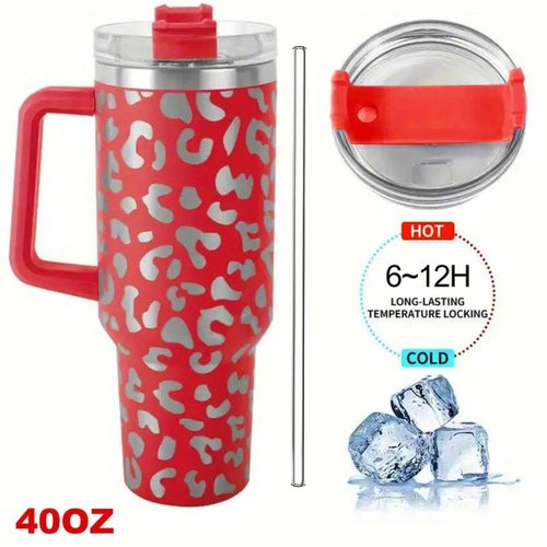 Lashicorn 40 Oz. Tumbler with Handle and Straw Red Leopard Silver 10” tall Cup lid included Insulated Stainless Steel Vacuum Travel Mug Boutique Cheetah Print