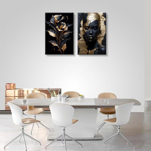 2 Pieces Black Gold African American Women Wall Art African American Wall Decor Gorgeous Woman Portrait Gold Flowers Painting Picture Prints for Bedroom Living Room Hallway Ready to Hang 16x24 Inch