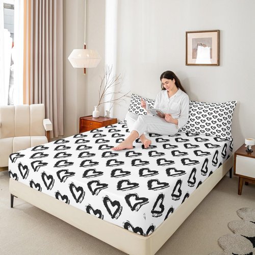 jejeloiu Heart Love Queen Size Bed Sheets Set Boys GirlsLove Pattern Sheet Set for Kids Ultra Soft Modern Sheets with Deep Pocket Fitted Sheet Black White Bedding Set Room Decor