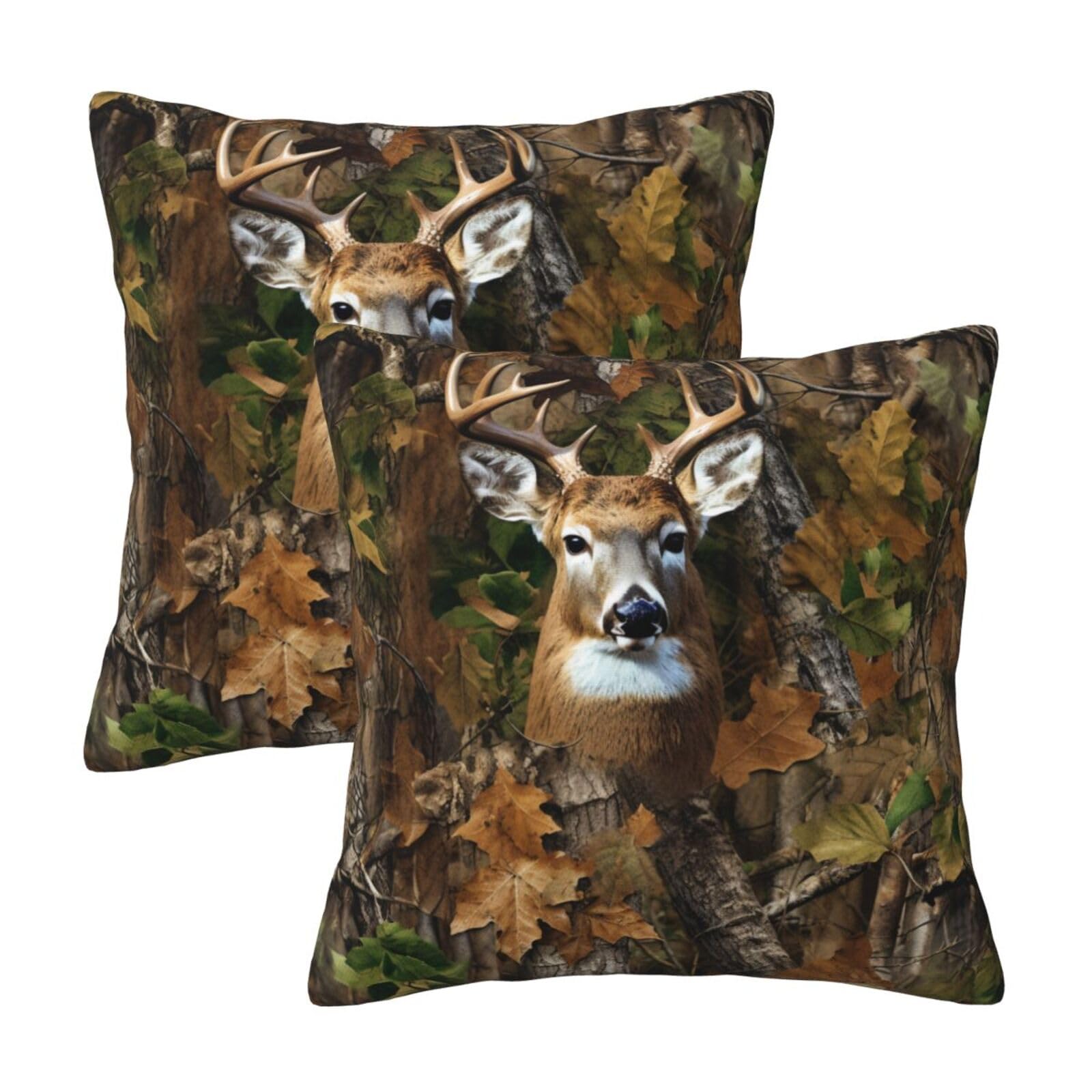 MQAPEYV Deer Camo Camouflage Hunting 2 Pack Throw Pillow Covers Square Sofa Cushion Cover Home Living Room Bedroom Bed Pillow Case Office Waist Protection Pillow Covers Car Lumbar Pillow Cover