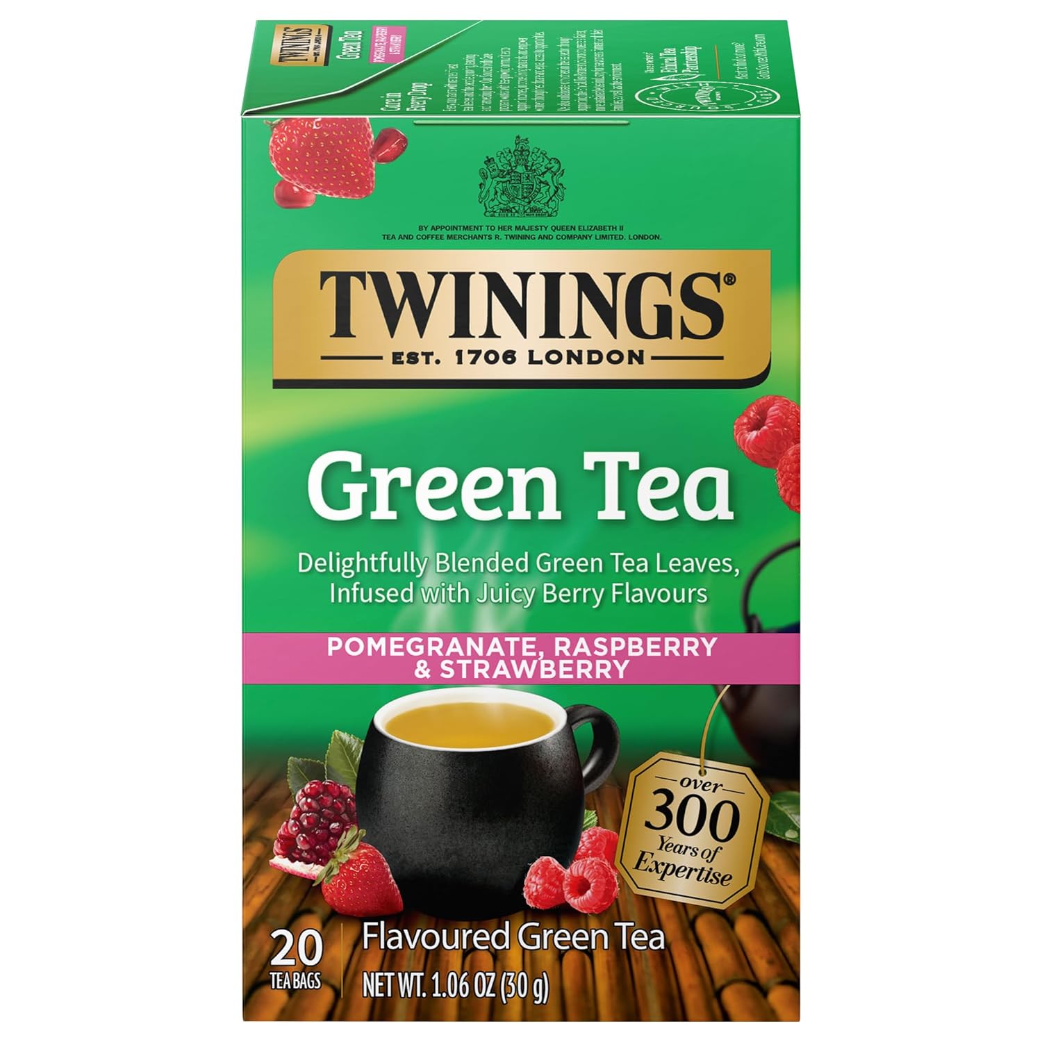 Twinings Green Tea - Pomegranate, Raspberry & Strawberry Flavor - 20 Individually Wrapped Teabags