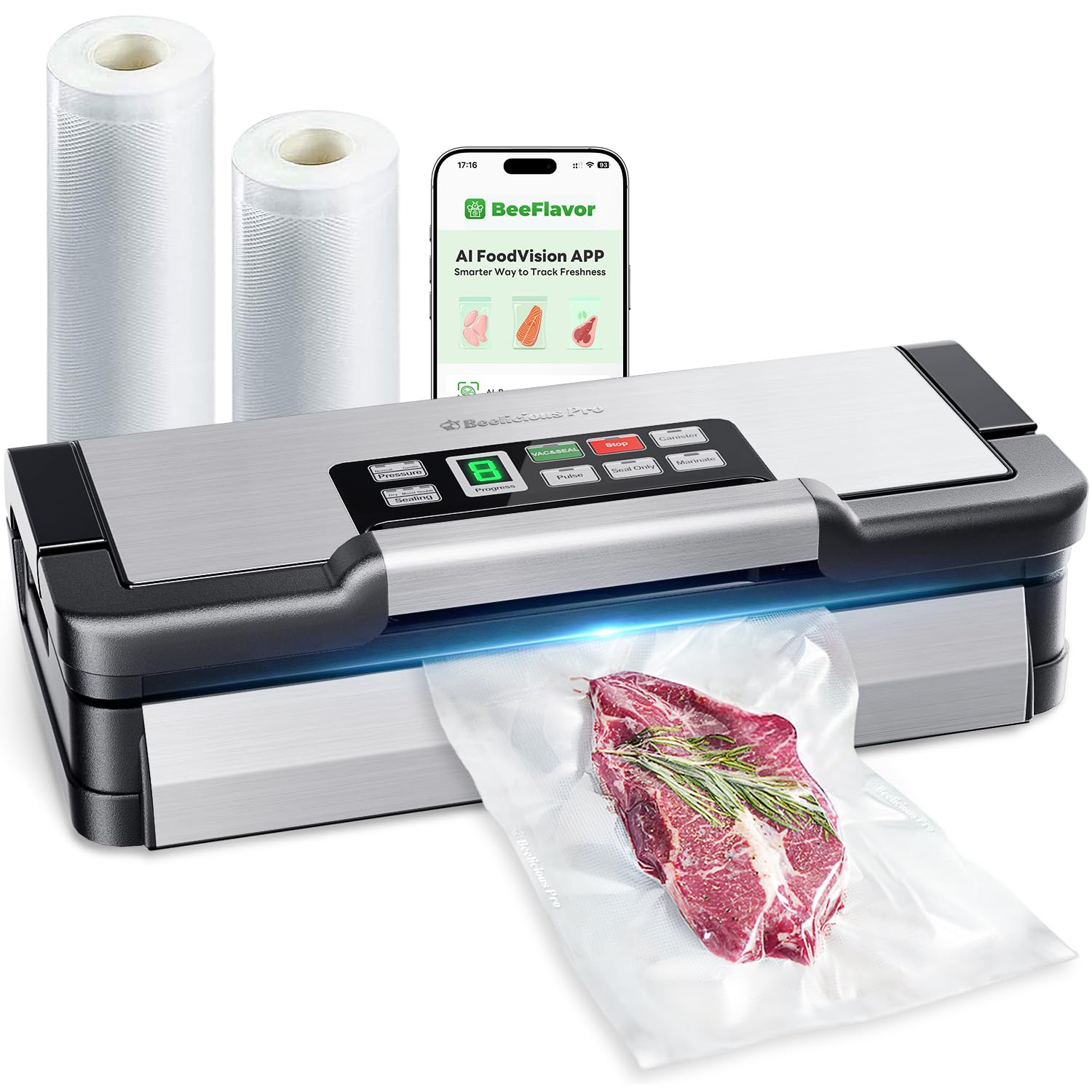 Vacuum Sealer Machine, AquaLock Series 2X Seal&130W Full Automatic Food Sealer, Powerful Food Preservation System with Handle, Built-in Cutter&Bags Storage&Hose, 2 Bags Rolls, Stainless Steel