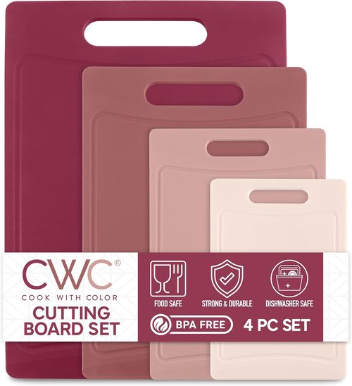 COOK WITH COLOR Non-Slip Cutting Board Set - Easy Grip Handle for Meat, Veggies & Fruits | 4 Boards in Rose