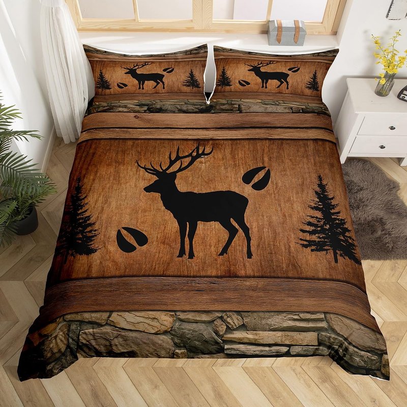 Manfei Rustic Deer Duvet Cover Set King Size, Black Trees Deer Paw Print Comforter Cover with 2 Pillowcases, Brwon Wooden Plank Bedding Set 3pcs for Kids Boys Wild Animal Bedspread Cover,No Comforter
