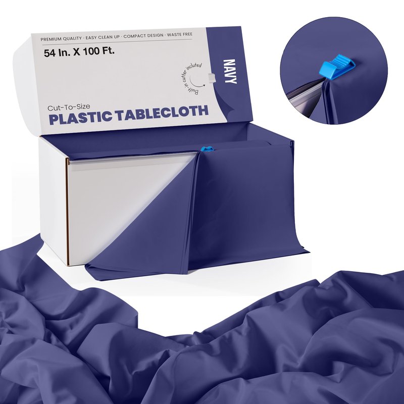 Party Solids 54 Inch X 100 Feet Navy Plastic Table Cover Roll in A Cut - to - Size Box with Convenient Slide Cutter. Cuts Up to 12 Rectangle 8 Feet Plastic Disposable Tablecloths