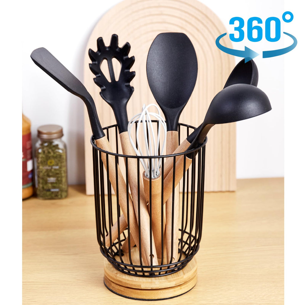 WDT Tool Utensil holder for Kitchen Counter，Large Utensils Holder For Farmhouse Cooking, Utensil Caddy Spatula Holder (Rotating+Metal+Bamboo-1)