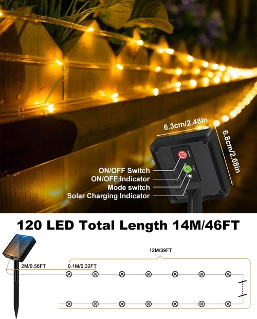 Btfarm Solar Rope Lights - 120 LED 46FT Waterproof Outdoor String Lights | 8 Lighting Modes for Garden & Patio Decor