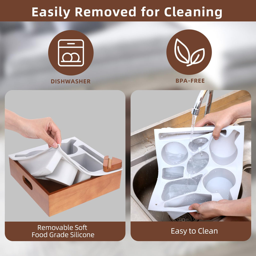 Hanaoyo Couch Cup Holder Tray, Soft Silicone Wooden Couch Caddy with Carrying Handle, Sofa Cup Holder for Bed Car Beach Organizer, Anti-Spill Sofa Cup Holder for Snacks Beverage Remote (Brown)