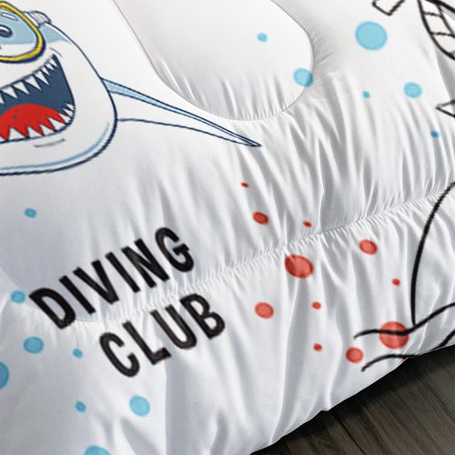 Cute Cartoon Shark Comforter Set, Deep Sea Diving Club Sharks Bedding Bedspread for Kids and Adults, Lovely Marine Life Pattern Quilt Bedroom Decor with 2 Pillow Cases (Queen, 01)