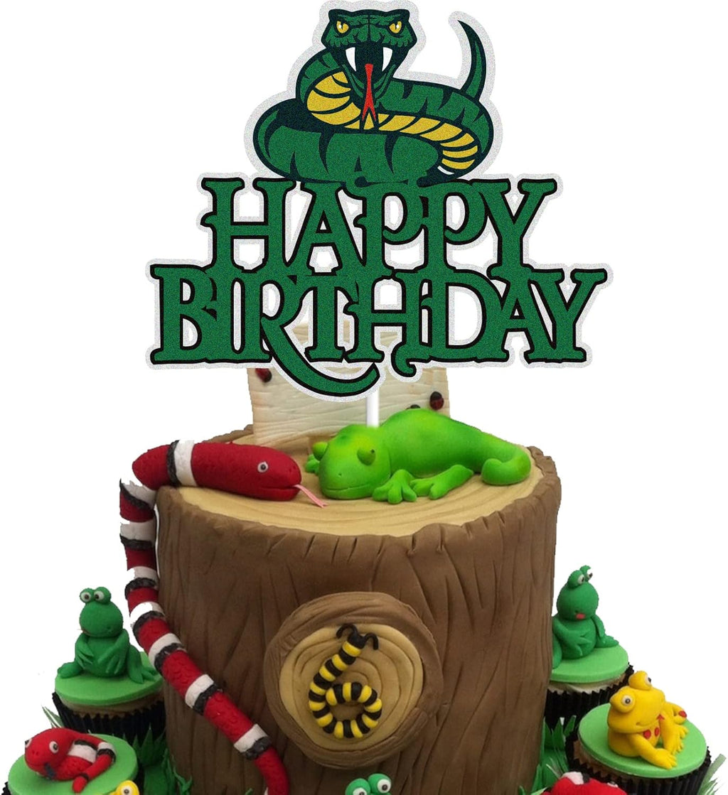 Snake Happy Birthday Cake Topper - Green Glitter Jungle Animal Theme | Perfect Decoration for Kids