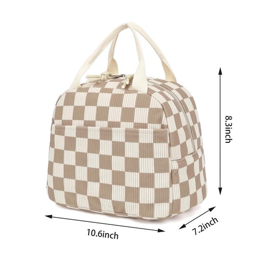 Dezcrab Corduroy Lunch Box for Women Girls, Cooler Lunch Bags Reusable Insulated Lunchbox for Picnic School Work Travel (Checkered Brown)